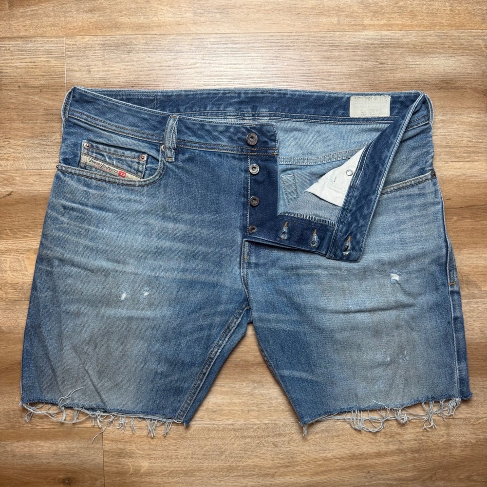 Diesel Zatiny Denim Shorts Mens 36 Blue Distressed Raw Hem Button Fly Cut Off 8"